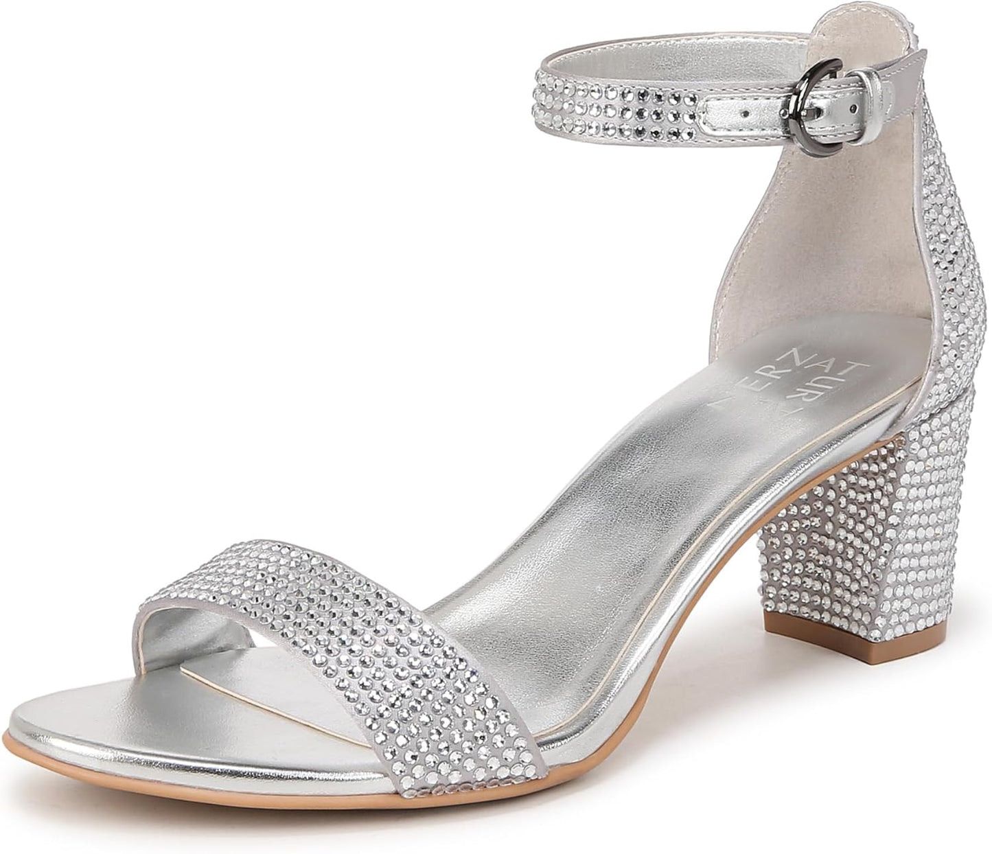 Heeled Sandals for Women - Block Heel Dress Sandals with Ankle Strap 8 Wide Silver Glitz