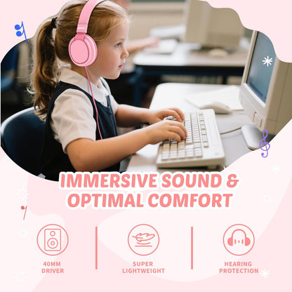 Kids Headphones Volume Limited 85/94dB - Wired Over-Ear Foldable Headset with Microphone Pink