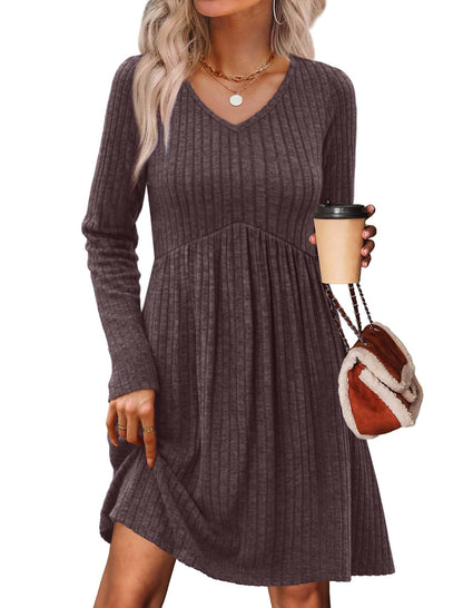 Women's Long Sleeve Sweater Dress - V Neck Empire Waist Babydoll Dress with Pockets Chocolate Brown
