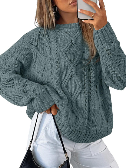 Women's Oversized Cable Knit Crewneck Sweaters - Cozy Fall Pullover Dark Sage