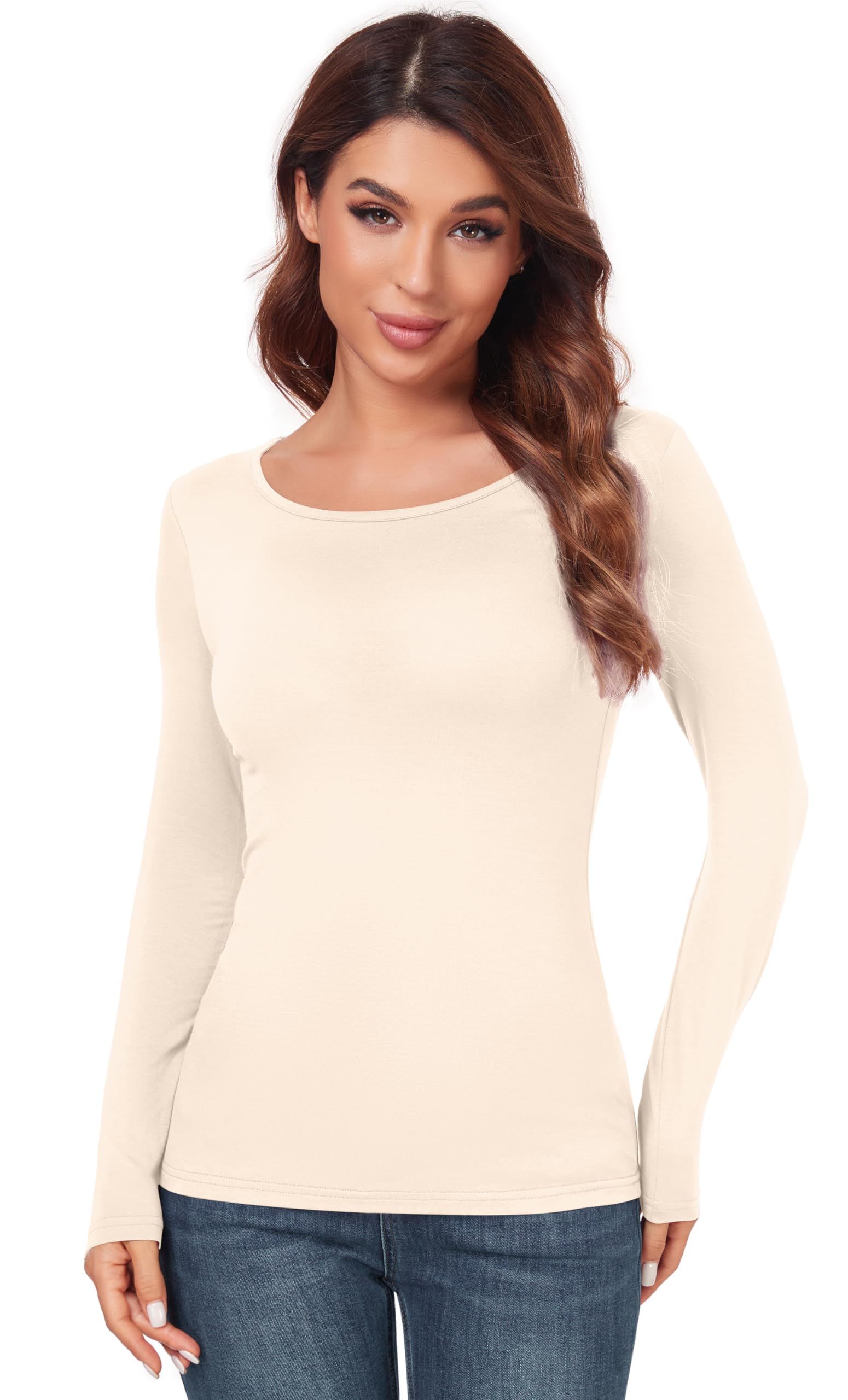 Women's Scoop Neck Long Sleeve Top - Slim Fit Thermal Blouse Basic Layer Shirt