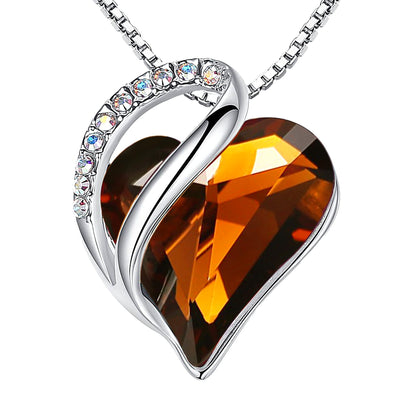 Infinity Love Birthstone Heart Necklace - 18K White Gold Plated Crystal Pendant Gift for Women 15-Stress Relief-Dark Topaz Brown