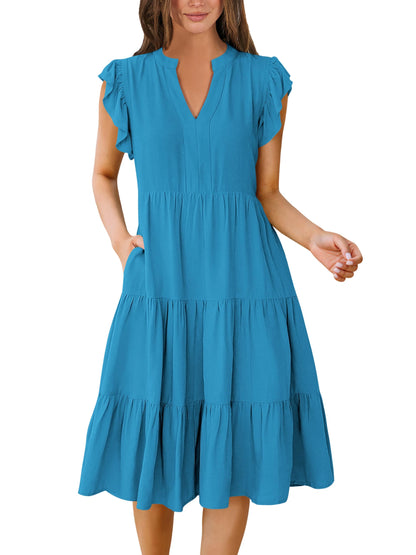 Blue Casual Dresses - Women's Summer Midi Dress - Ruffle Sleeve V-Neck Boho Beach Dress Sky Blue