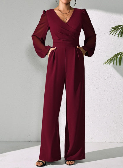 Pink Queen Jumpsuits for Women Dressy Patchwork Chiffon Sleeve V Neck Wide Leg Romper Holiday Party Outfits