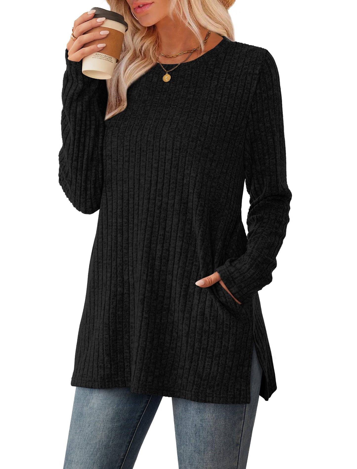 Women's Crewneck Sweater with Pockets - Long Sleeve Tunic Top with Side Slits
