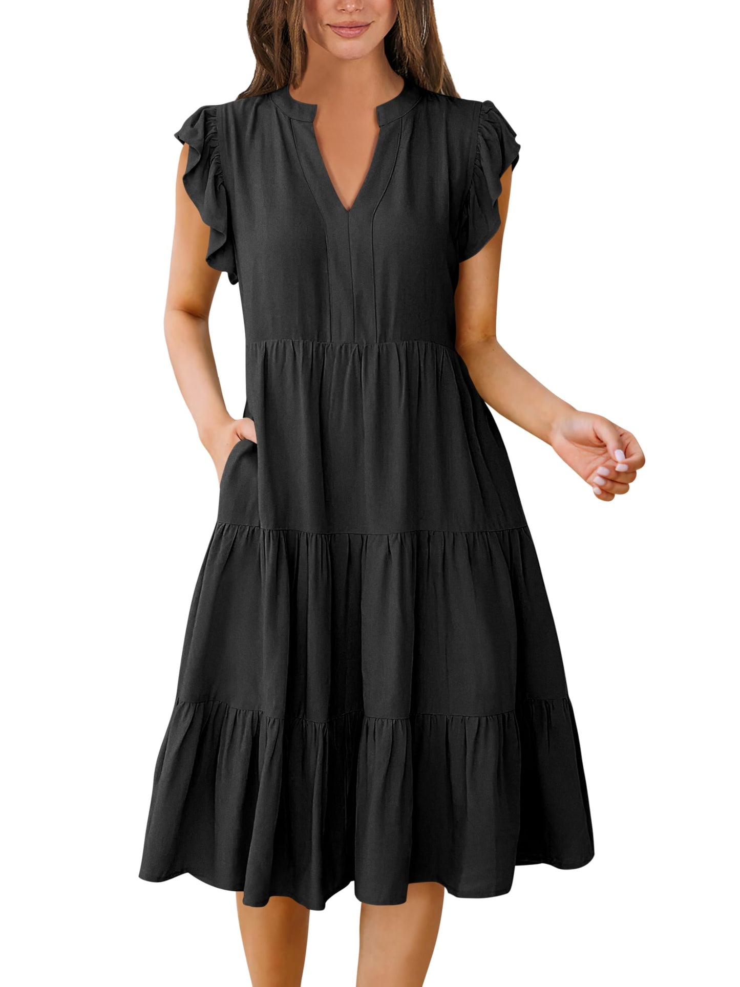 Blue Casual Dresses - Women's Summer Midi Dress - Ruffle Sleeve V-Neck Boho Beach Dress Black
