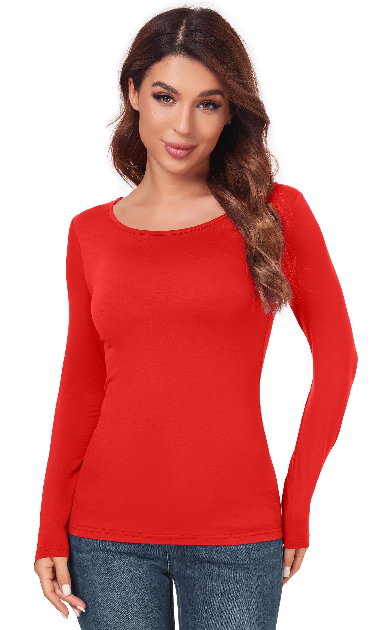 Women's Scoop Neck Long Sleeve Top - Slim Fit Thermal Blouse Basic Layer Shirt