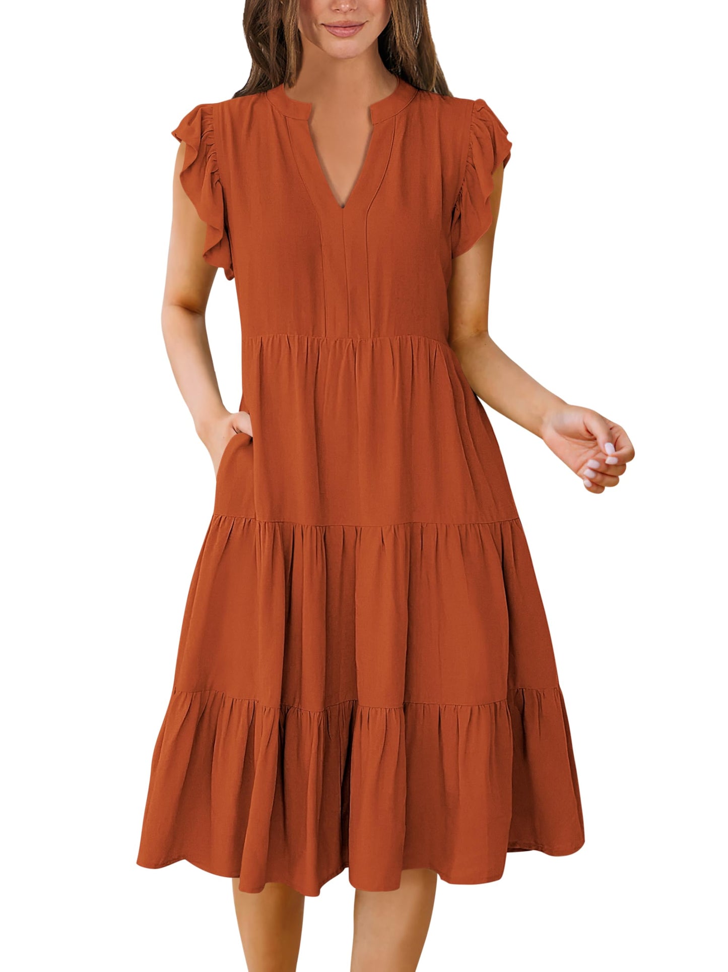 Blue Casual Dresses - Women's Summer Midi Dress - Ruffle Sleeve V-Neck Boho Beach Dress Rust