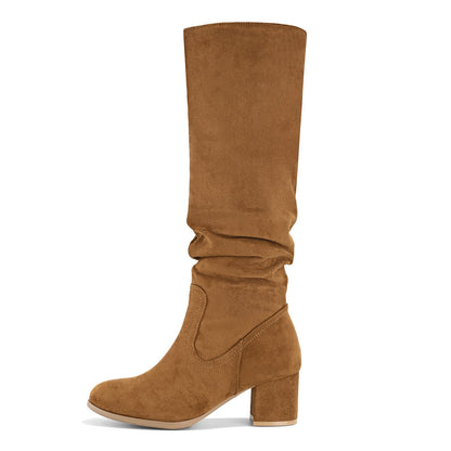 Shoe'N Tale Women's Knee High Boots Chunky Heel Pointed Toe Suede Slouch Winter Shoes with Side Zipper