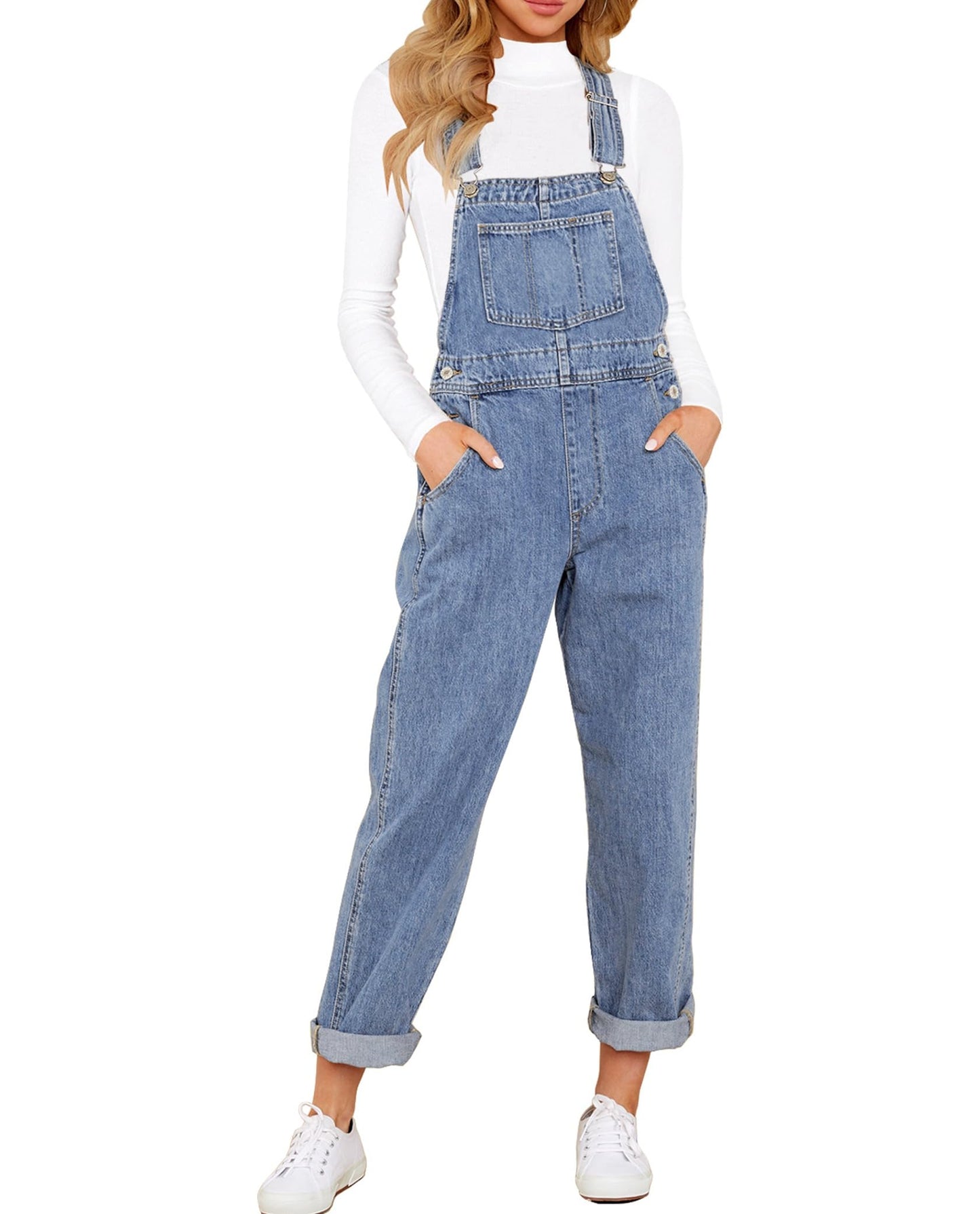 Denim Bib Overalls - Adjustable Loose Fit Jeans Jumpsuit for Women