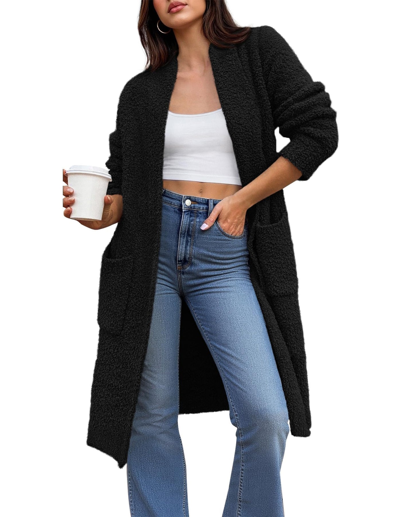 Women's Long Cardigan Sweater - Open Front Oversized Knit Coat with Pockets Black