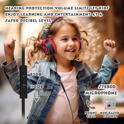 Kids Headphones Volume Limited 85/94dB - Wired Over-Ear Foldable Headset with Microphone Pink