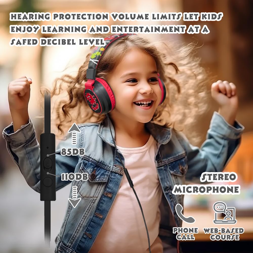 Kids Headphones Volume Limited 85/94dB - Wired Over-Ear Foldable Headset with Microphone Pink