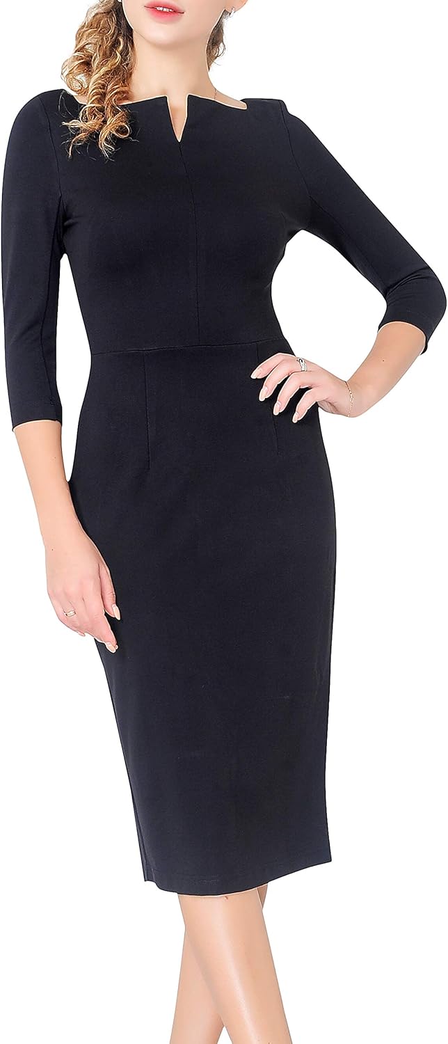 Work Office Business Dress - Square Neck Sheath Midi Dress with Long Sleeves