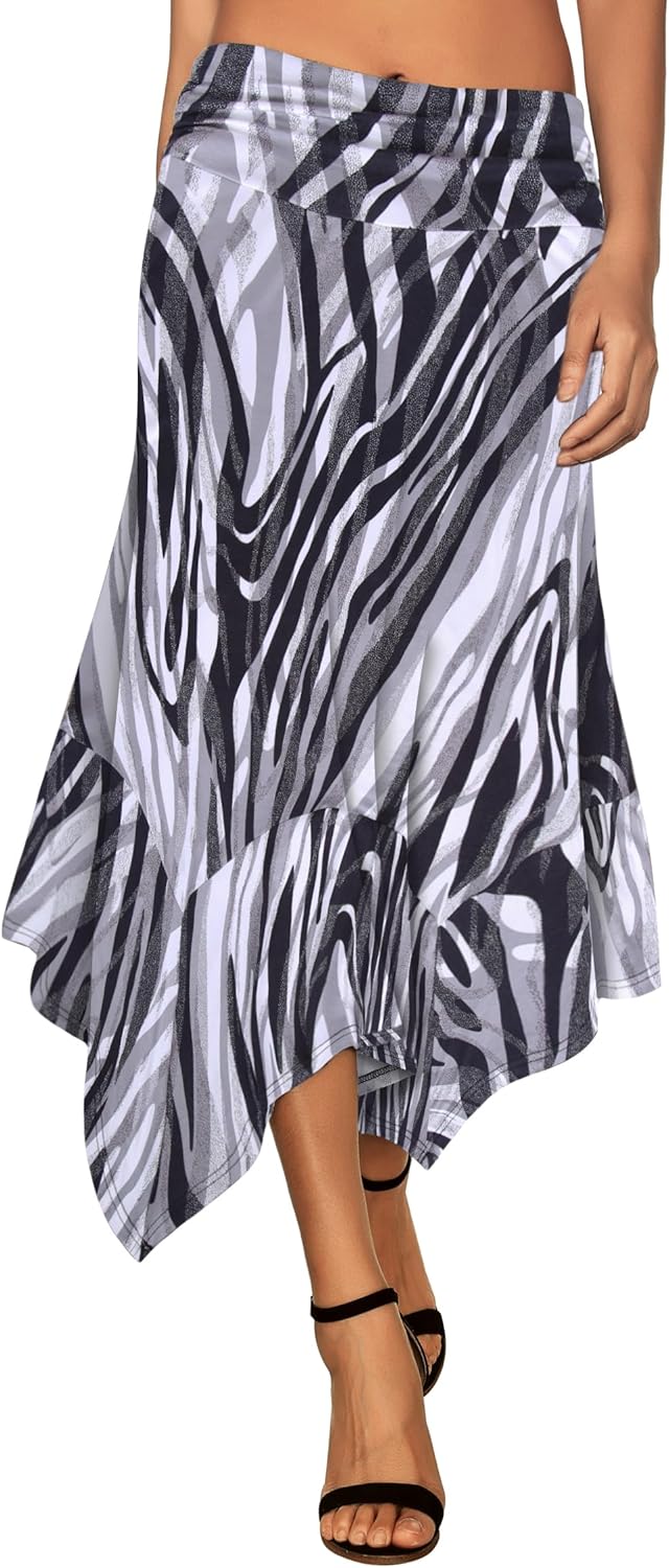 Women's Flowy Handkerchief Hemline Midi Skirt - Elastic Waist Asymmetrical Hem Zebra-stripes