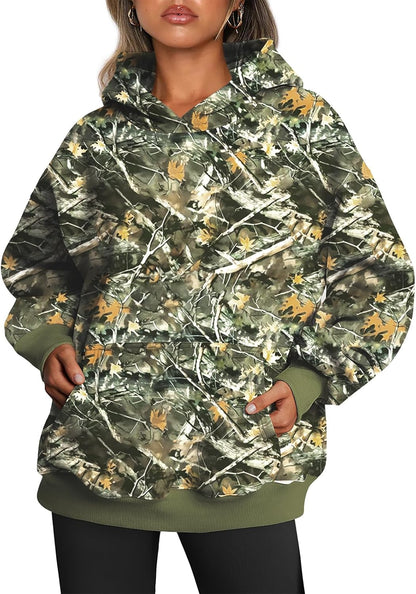 Oversized Fleece Hoodie - Thick Pullover Sweatshirt for Fall & Winter Large Camo Darkgreen