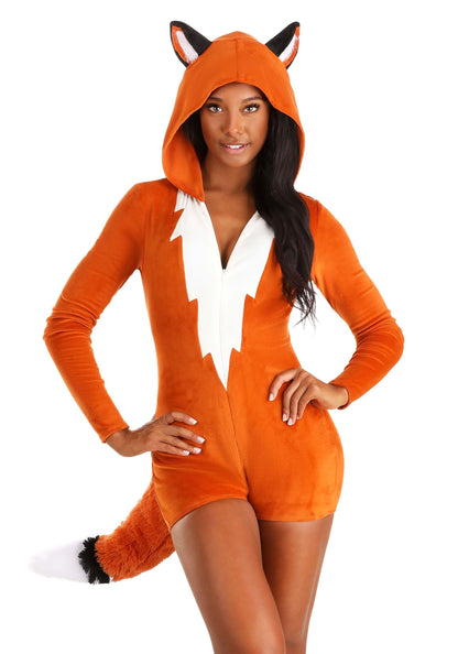 Fierce Fox Costume - Women's Hooded Plush Romper with Tail for Halloween
