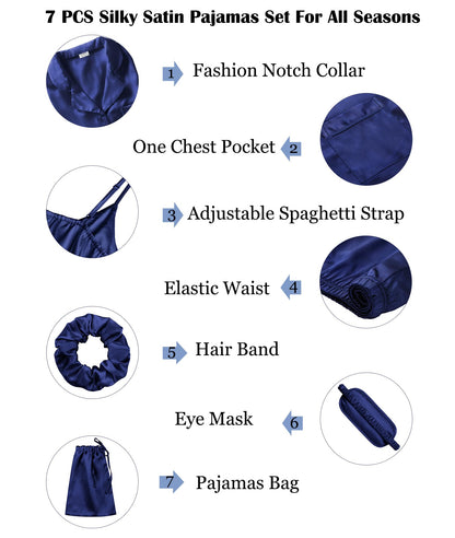 SWOMOG Womens Silk Satin Pajamas Sets 7pcs Sleepwear Sexy Cami Shorts Set and Button Down Short Sleeve Satin Pjs