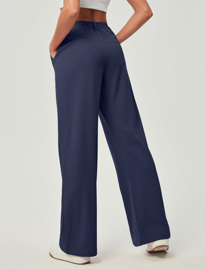 Women's Wide Leg Work Pants - Stretchy Pull-On Business Casual Trousers with Pockets