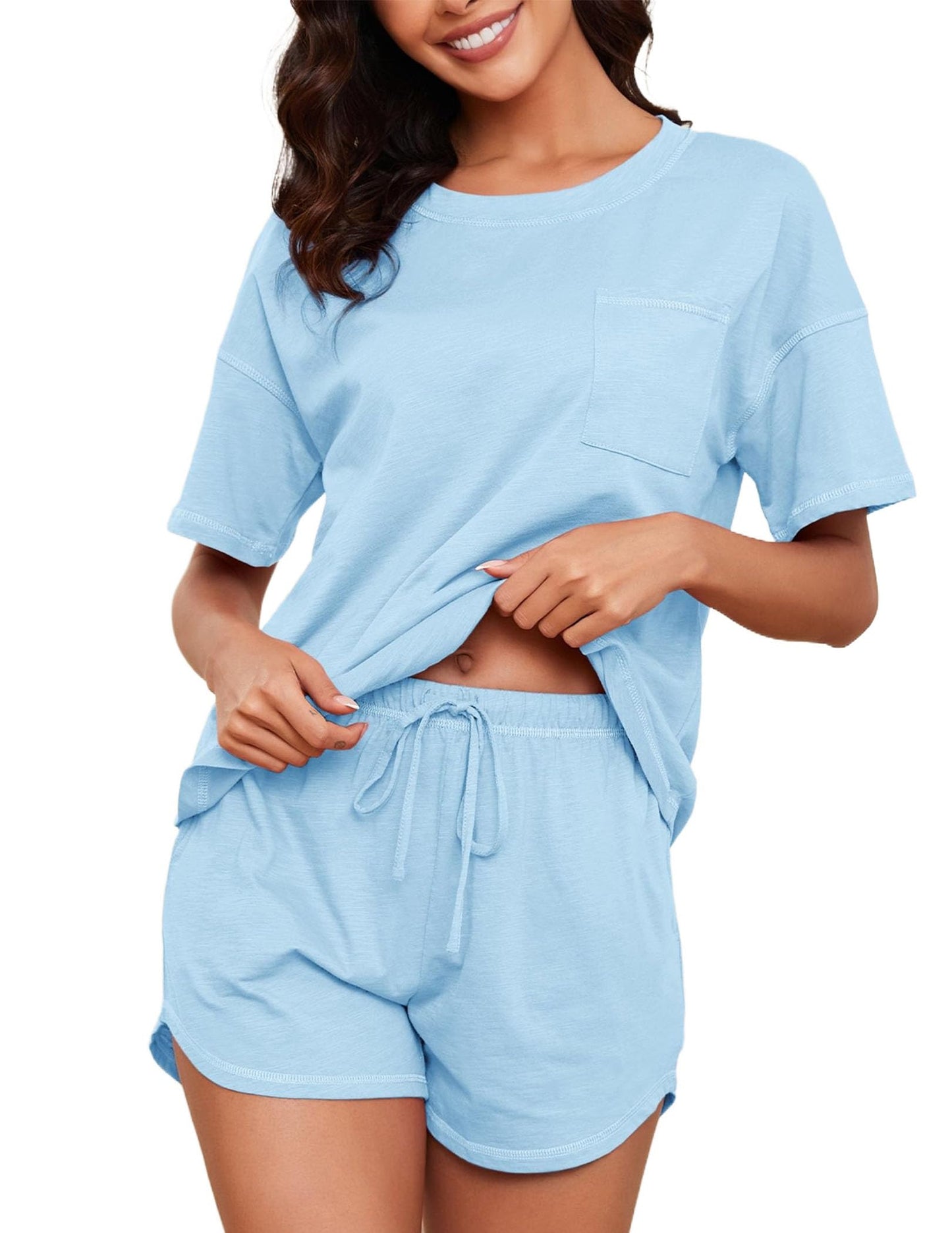 Women's Cotton Pajama Set - Short Sleeve Top and Shorts Sleepwear Lounge Set Sky Blue