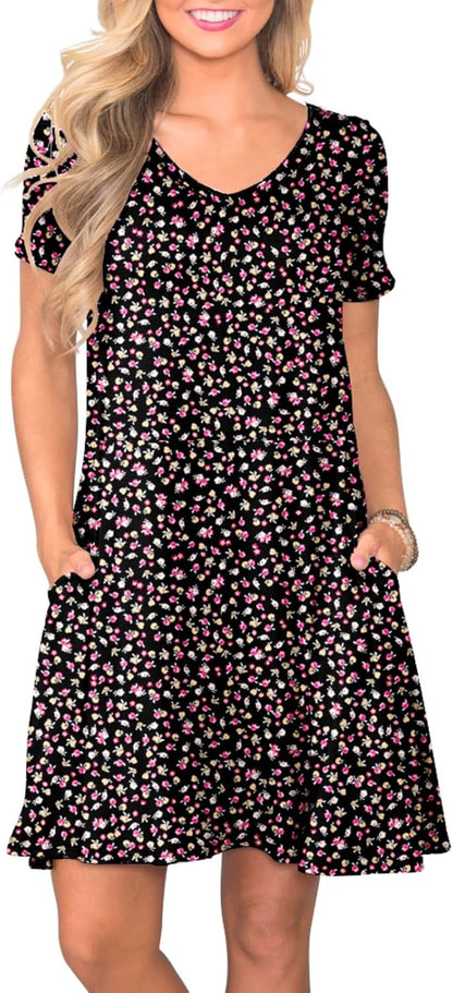 Women's Casual T-Shirt Dress Short Sleeve Summer Swing Dress with Pockets Ditsy Floral Black