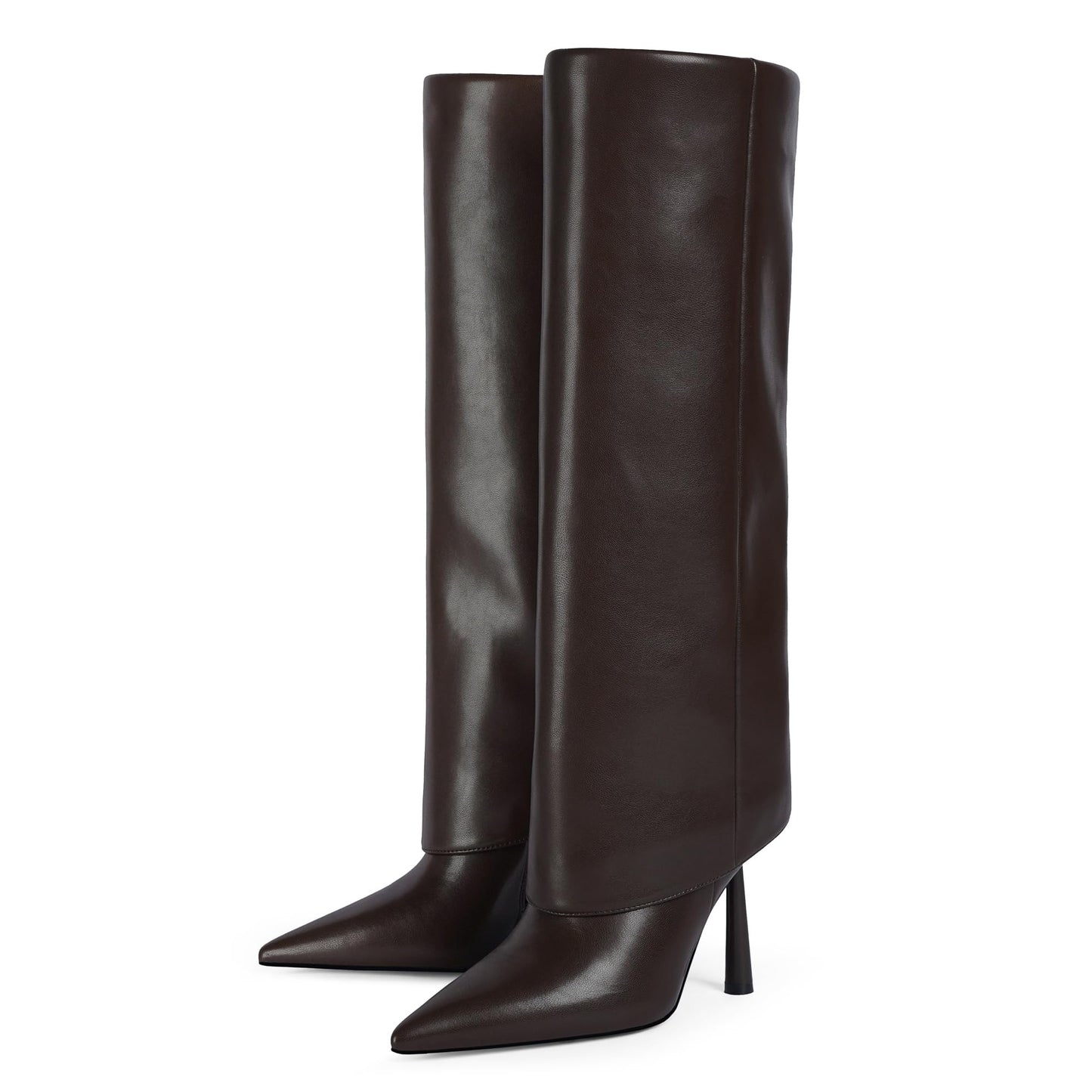 Modatope Knee High Chocolate Brown Fold Over Boots for Women Pointed Toe Stiletto Fall Boot Side Zipper Tall Fashion Boots Size 9