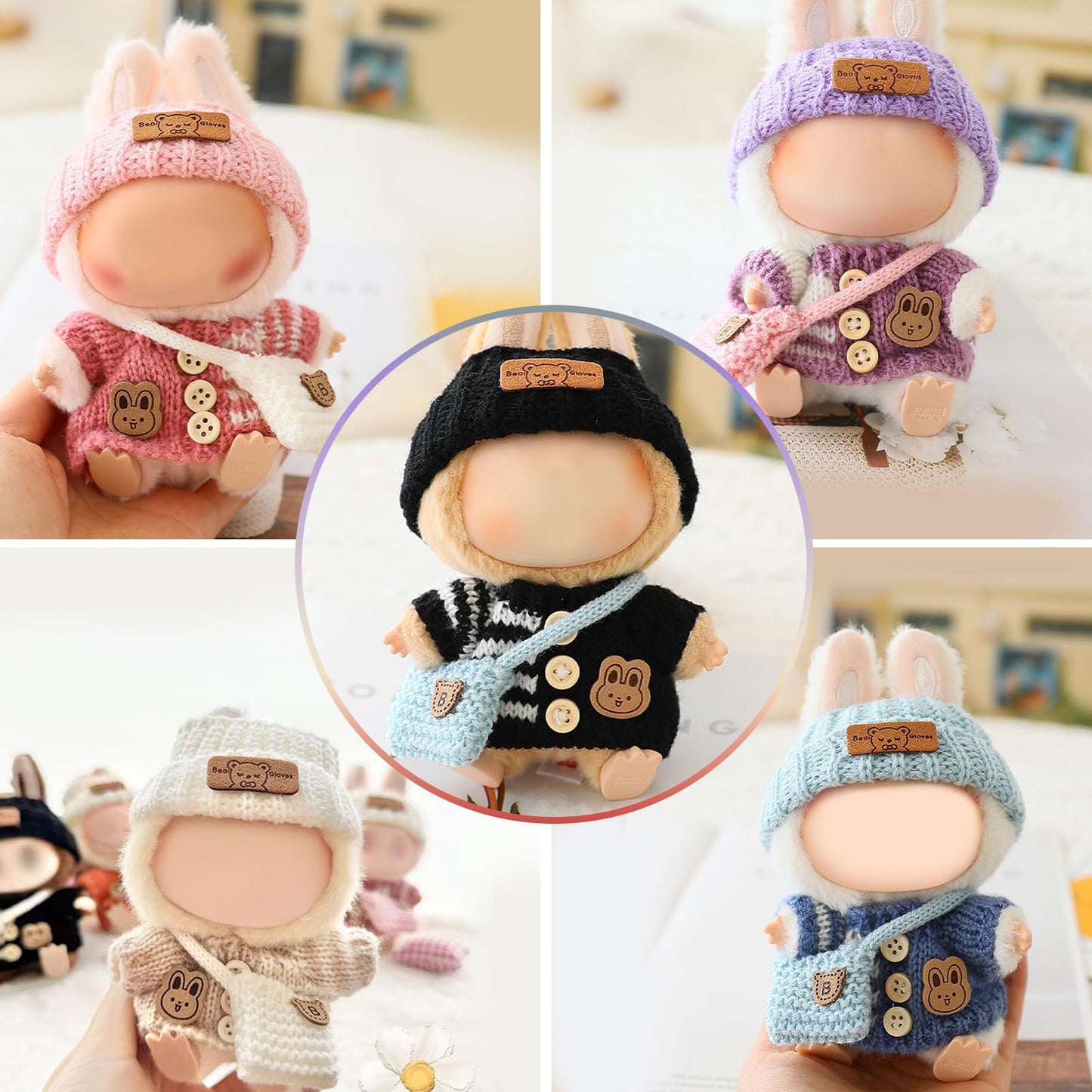 3 Piece Handmade Crochet Outfit for 17cm Dolls - Heart Sweater Hat & Bag Set