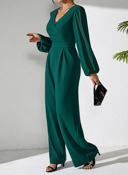 Pink Queen Jumpsuits for Women Dressy Patchwork Chiffon Sleeve V Neck Wide Leg Romper Holiday Party Outfits