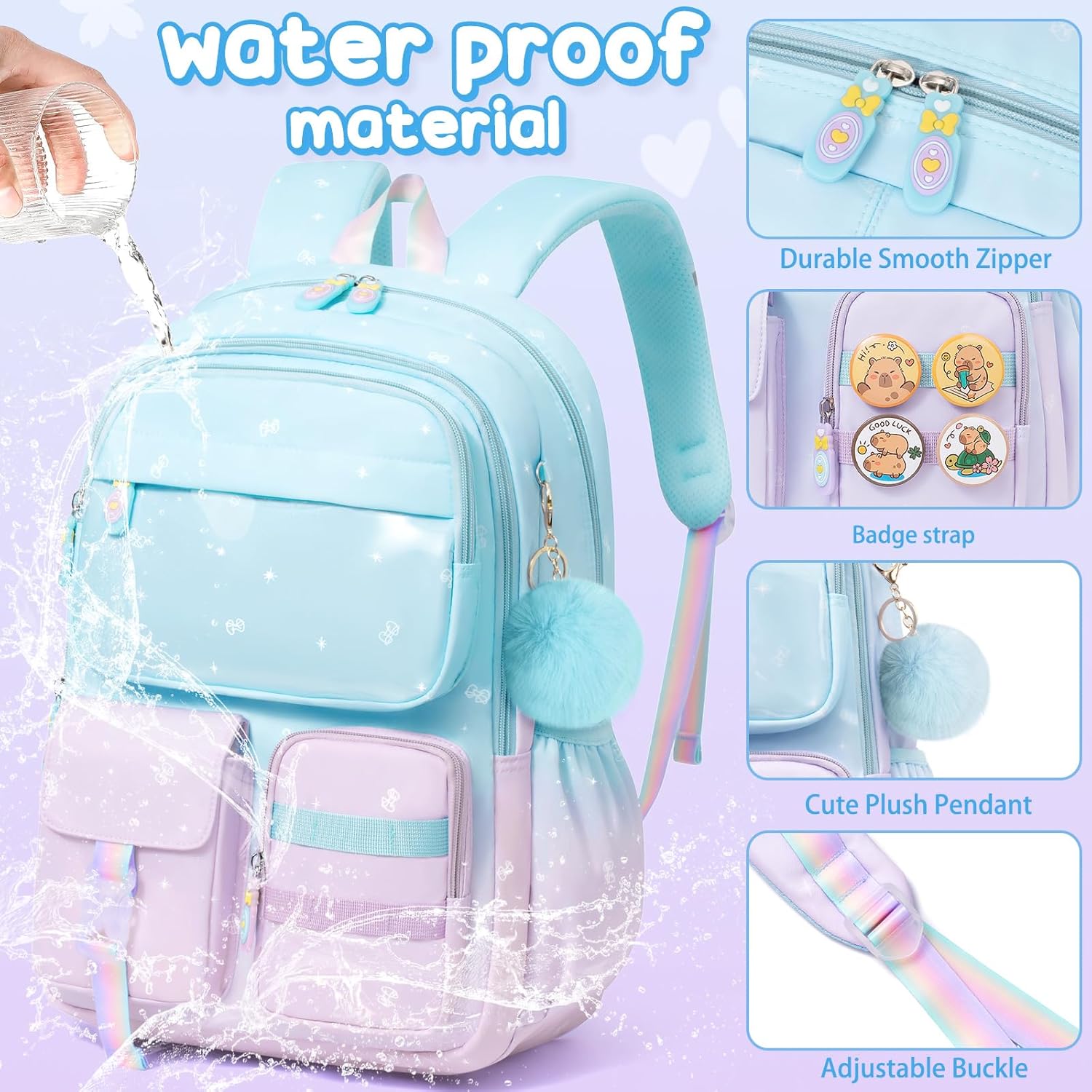 Girls School Backpack Set 3-Piece - Waterproof Kids Backpack with Lunch Box