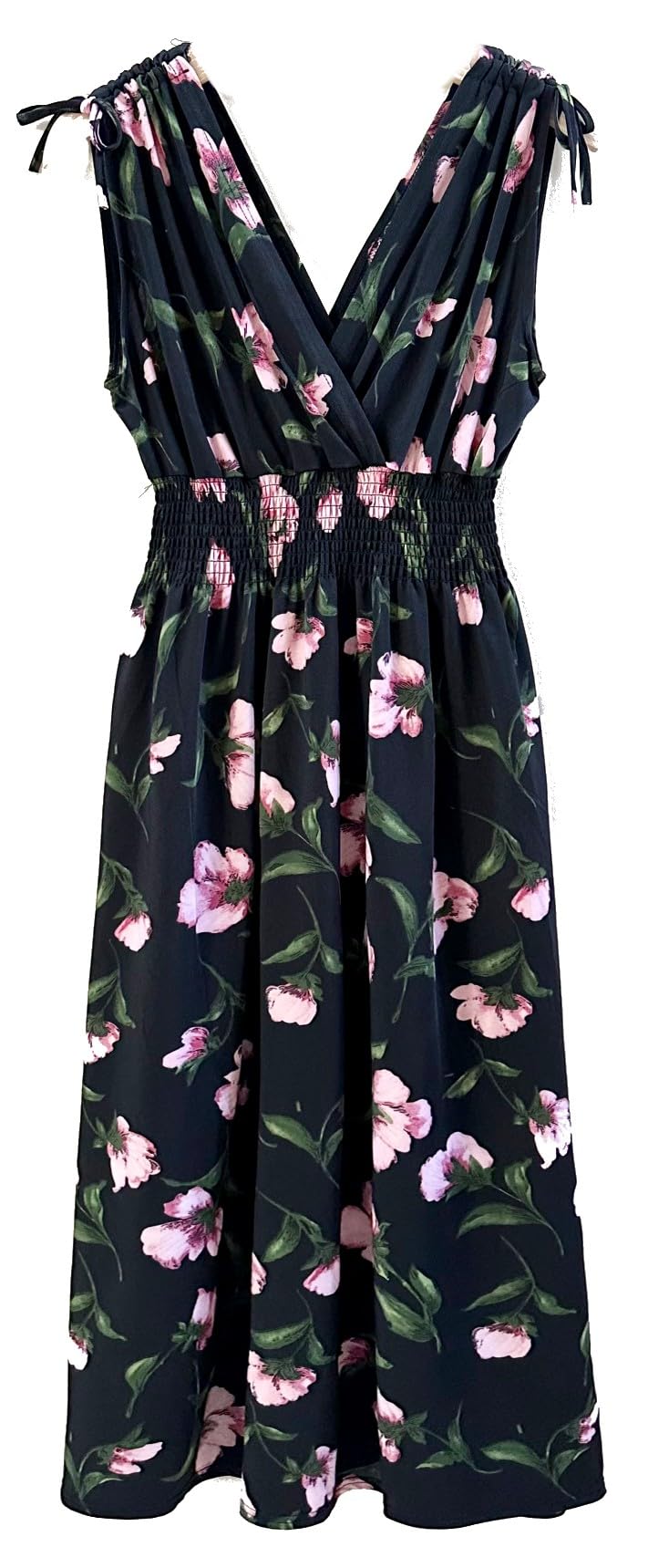 Smocked Maxi Dress - V Neck Exotic Print Dress for Maternity & Plus Size 2X Black Pink Floral