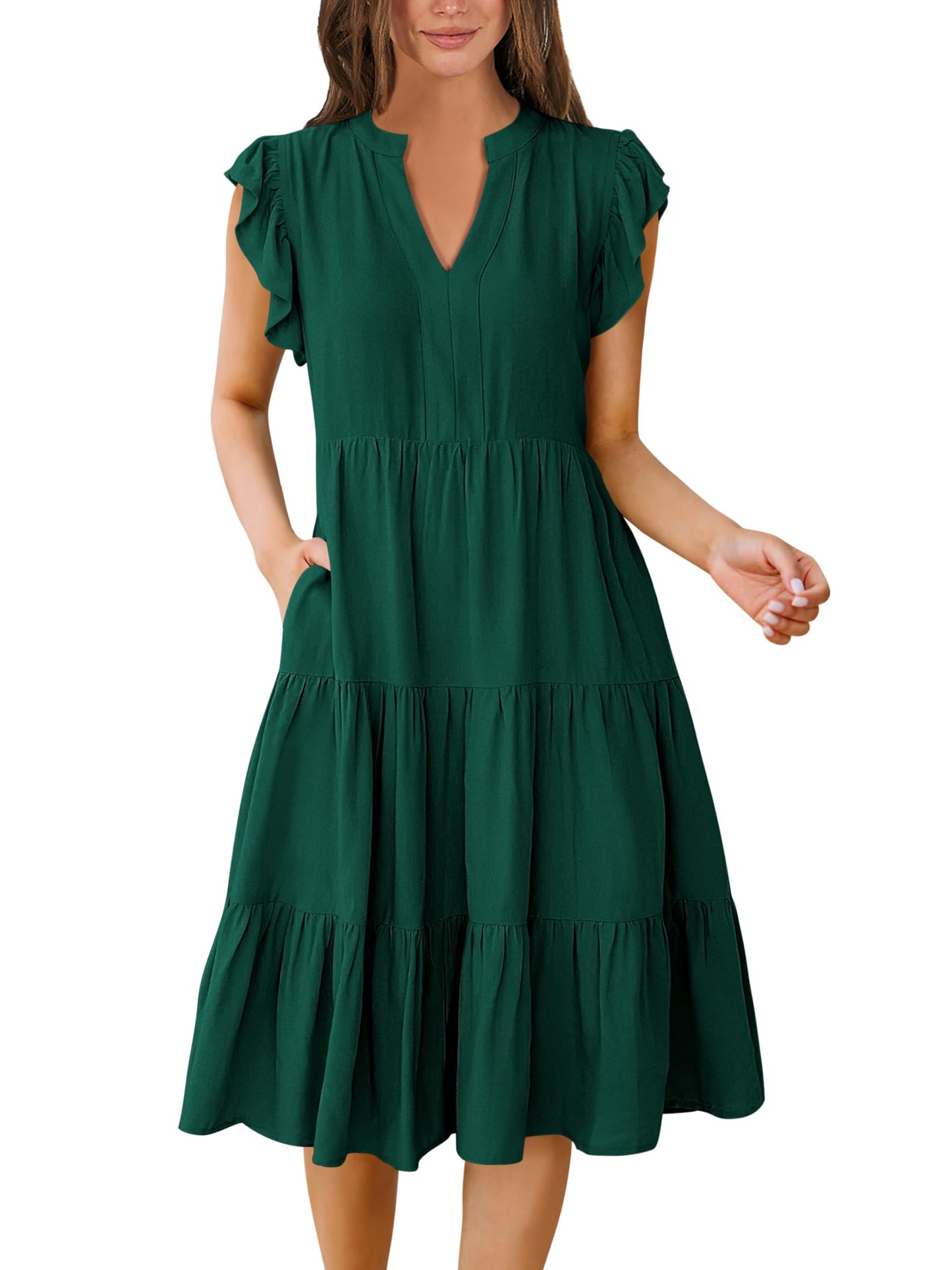 Blue Casual Dresses - Women's Summer Midi Dress - Ruffle Sleeve V-Neck Boho Beach Dress Deep Green