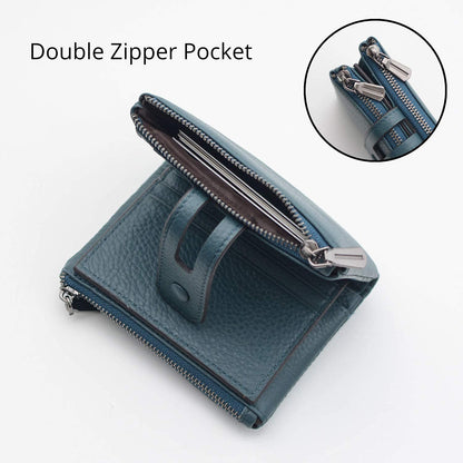 Women Leather Wallet - Small RFID Blocking Card Holder with Double Zipper