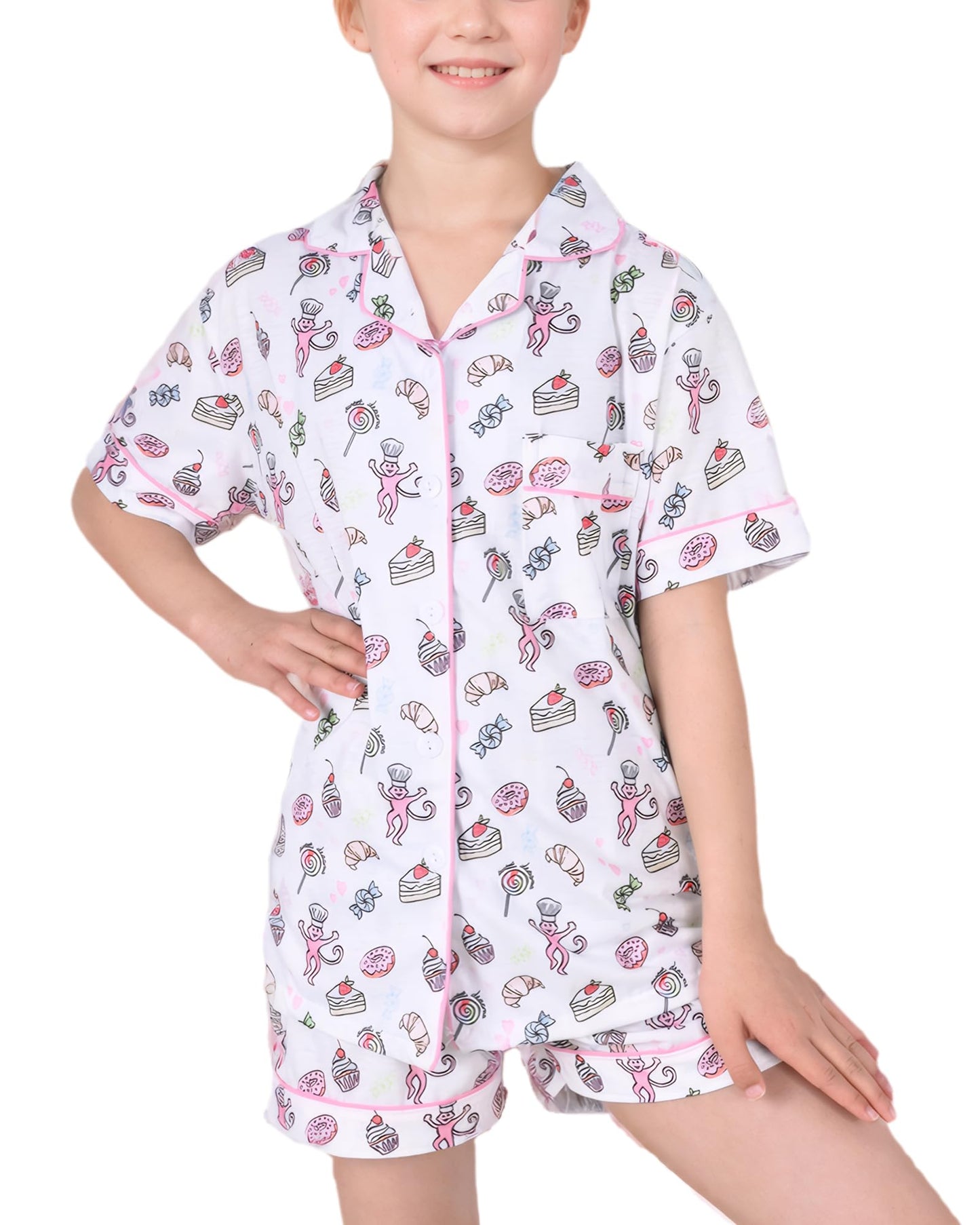 Roller Rabbit Pajamas Kids - Girls Summer 2 Piece Set - Button Down Top and Shorts White