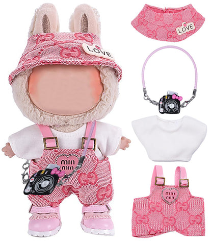 4 Piece Doll Clothes Set for 15cm-17cm Dolls - Outfit with Overalls Hat & Bag Pink Overalls + Pink Hat + White Top + Camera Bag