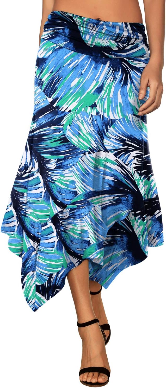 Women's Flowy Handkerchief Hemline Midi Skirt - Elastic Waist Asymmetrical Hem Tropical Print