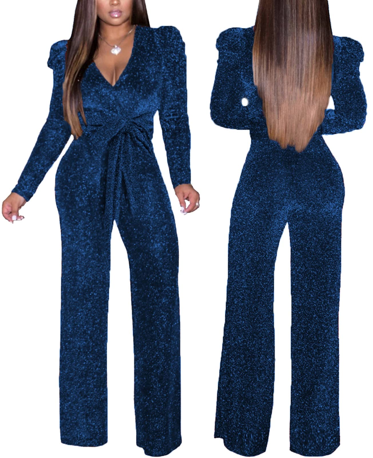 Women's Sparkly Jumpsuits Sexy Long Sleeve Cocktail Elegant Mock Neck Bodycon Straight Long Pants Rompers with Pockets