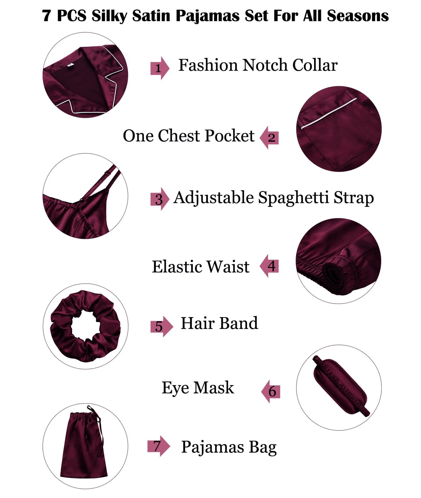 SWOMOG Womens Silk Satin Pajamas Sets 7pcs Sleepwear Sexy Cami Shorts Set and Button Down Short Sleeve Satin Pjs