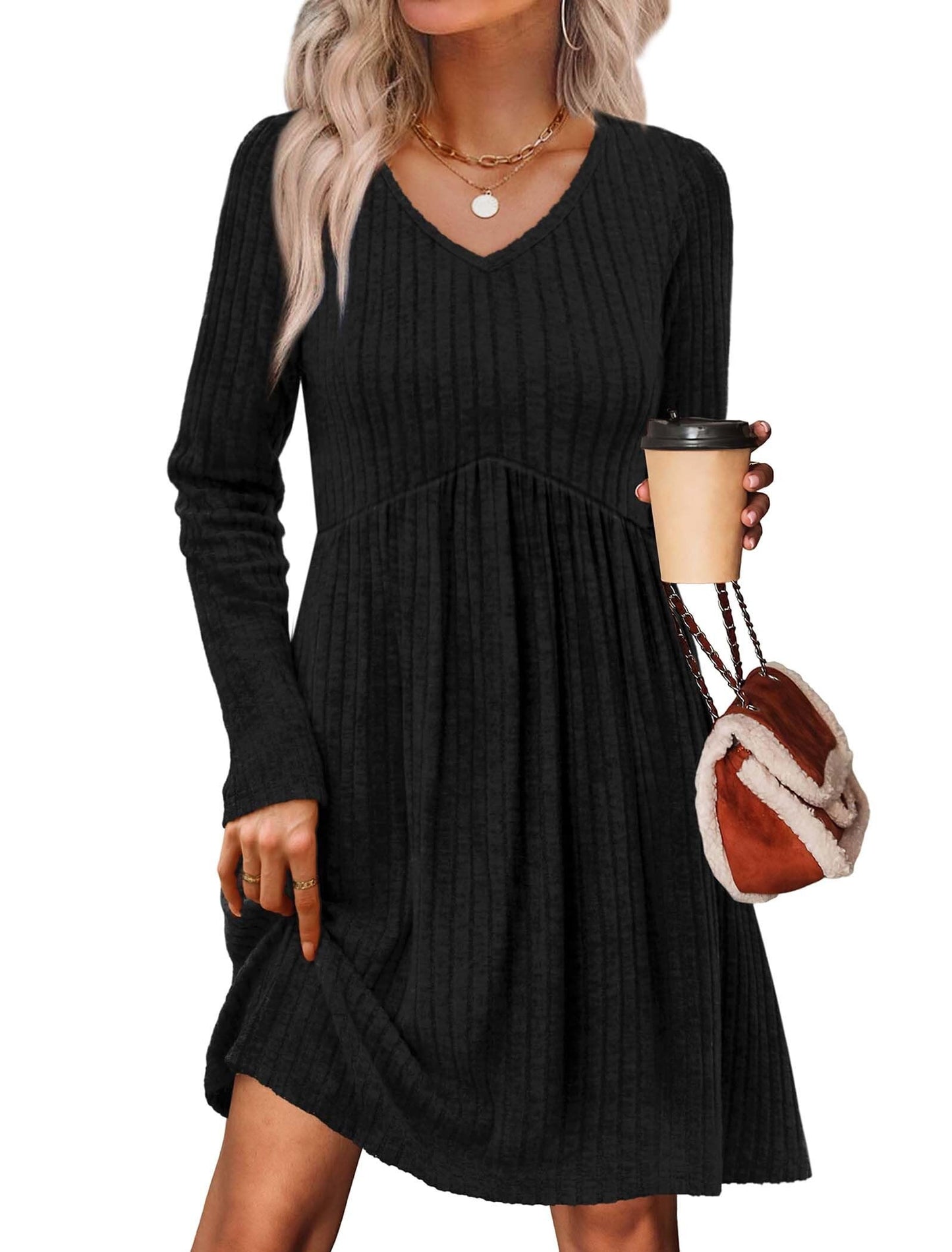 Women's Long Sleeve Sweater Dress - V Neck Empire Waist Babydoll Dress with Pockets Black