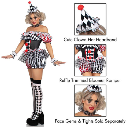 Harlequin Clown Costume for Women - Playful Jester Halloween Outfit with Hat