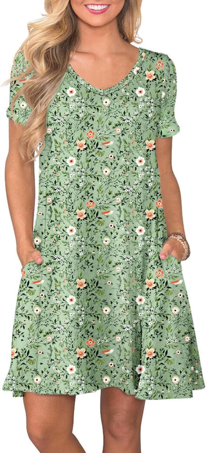 Women's Casual T-Shirt Dress Short Sleeve Summer Swing Dress with Pockets Green Sparrow Floral