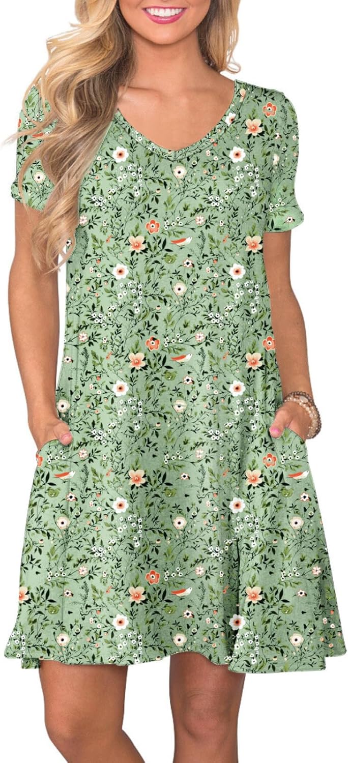 Women's Casual T-Shirt Dress Short Sleeve Summer Swing Dress with Pockets Green Sparrow Floral