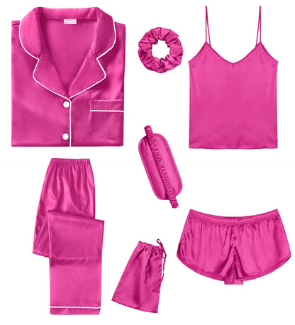 SWOMOG Womens Silk Satin Pajamas Sets 7pcs Sleepwear Sexy Cami Shorts Set and Button Down Short Sleeve Satin Pjs