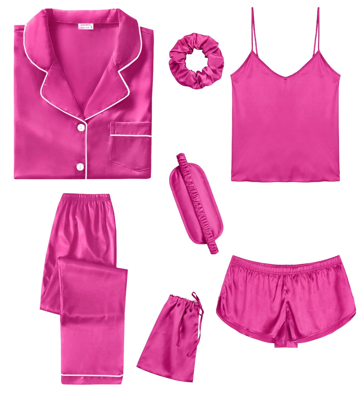 SWOMOG Womens Silk Satin Pajamas Sets 7pcs Sleepwear Sexy Cami Shorts Set and Button Down Short Sleeve Satin Pjs