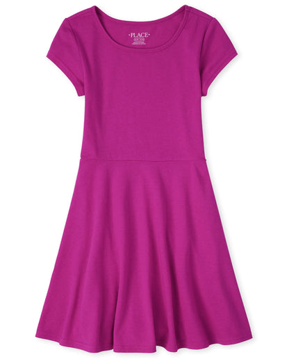 Girls Short Sleeve Skater Dress Round Neck Casual Summer Dress Aurora Pink Single