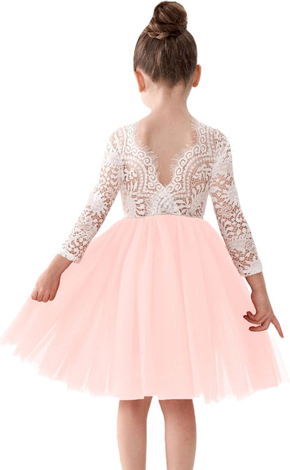 Girls Tulle Flower Girl Dress - Lace Back A-Line Party Dress Pink Sleeve Short