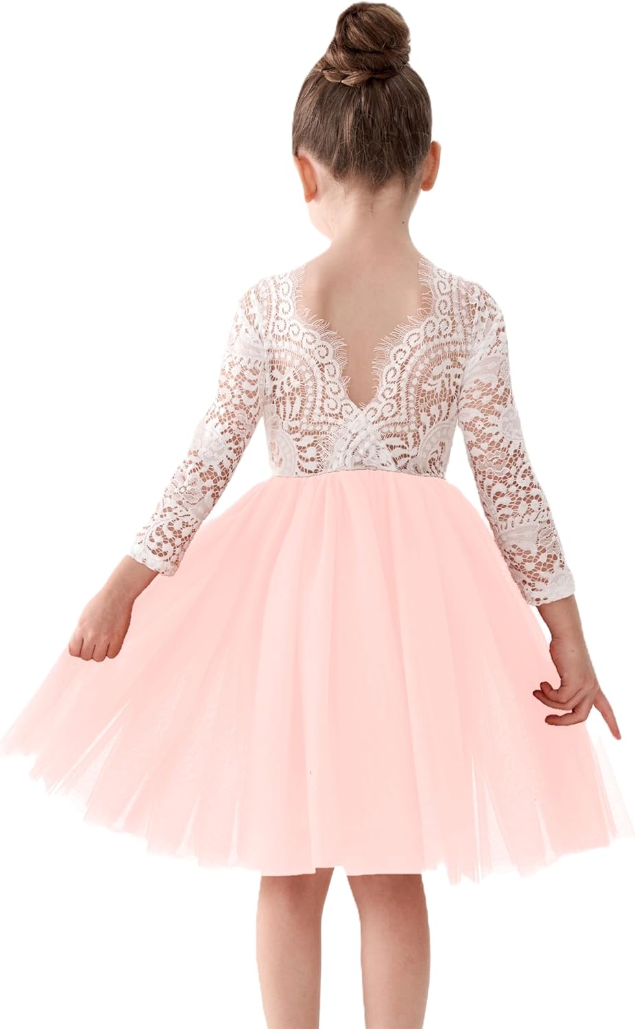Girls Tulle Flower Girl Dress - Lace Back A-Line Party Dress Pink Sleeve Short