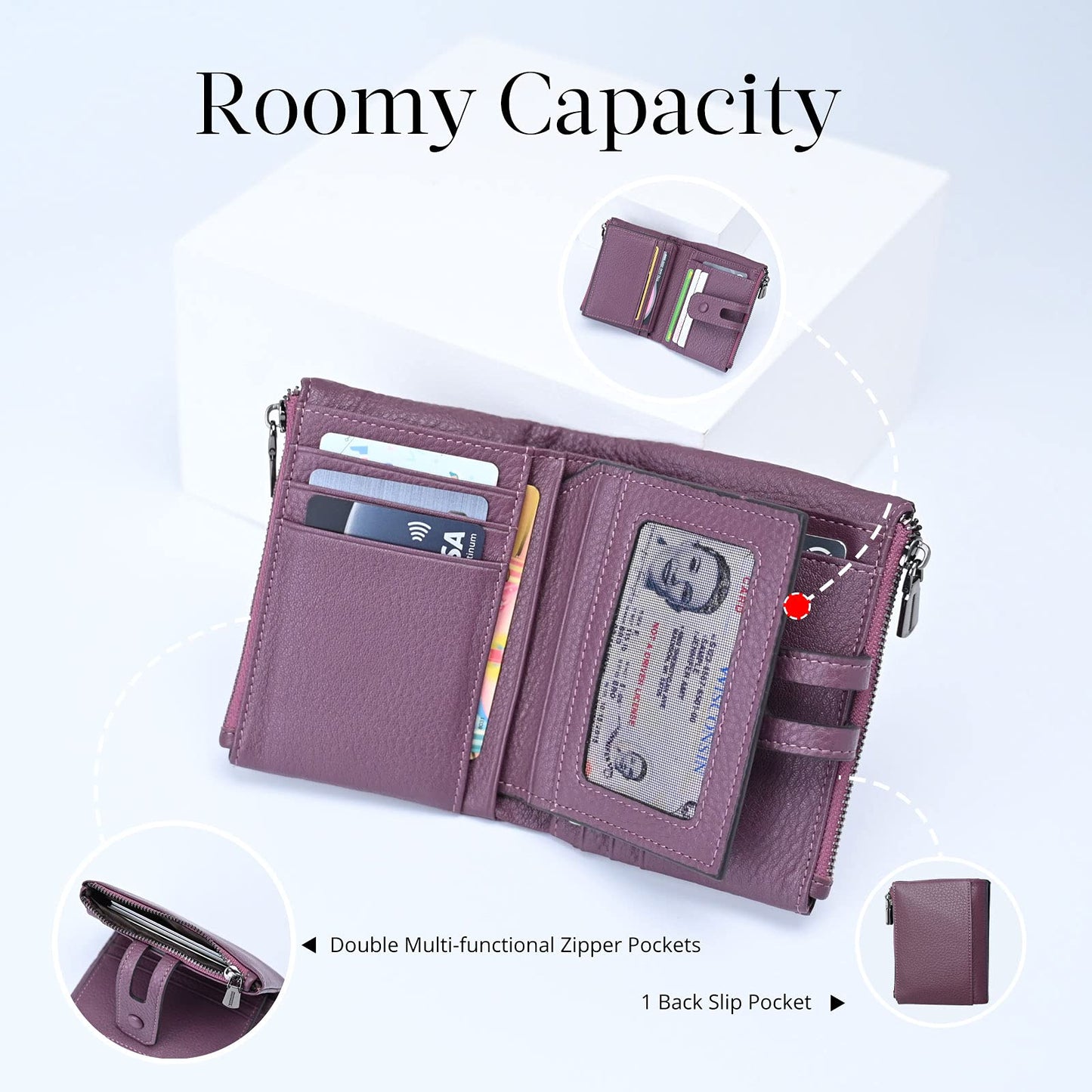 Women Leather Wallet - Small RFID Blocking Card Holder with Double Zipper