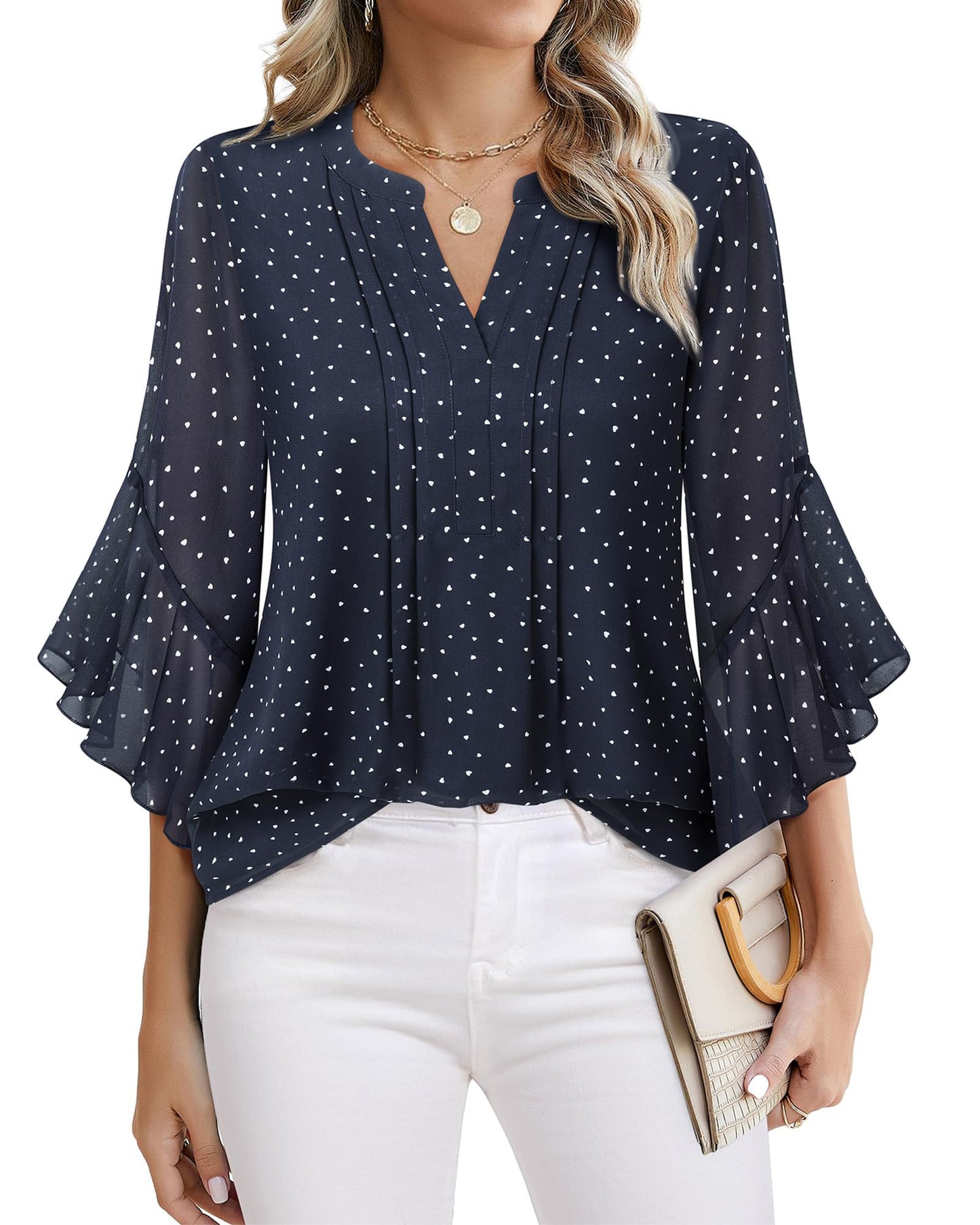 Beautiful Blouses For Ladies - Women's 3/4 Sleeve Chiffon Blouse Dressy Business Casual Work Shirt Blue
