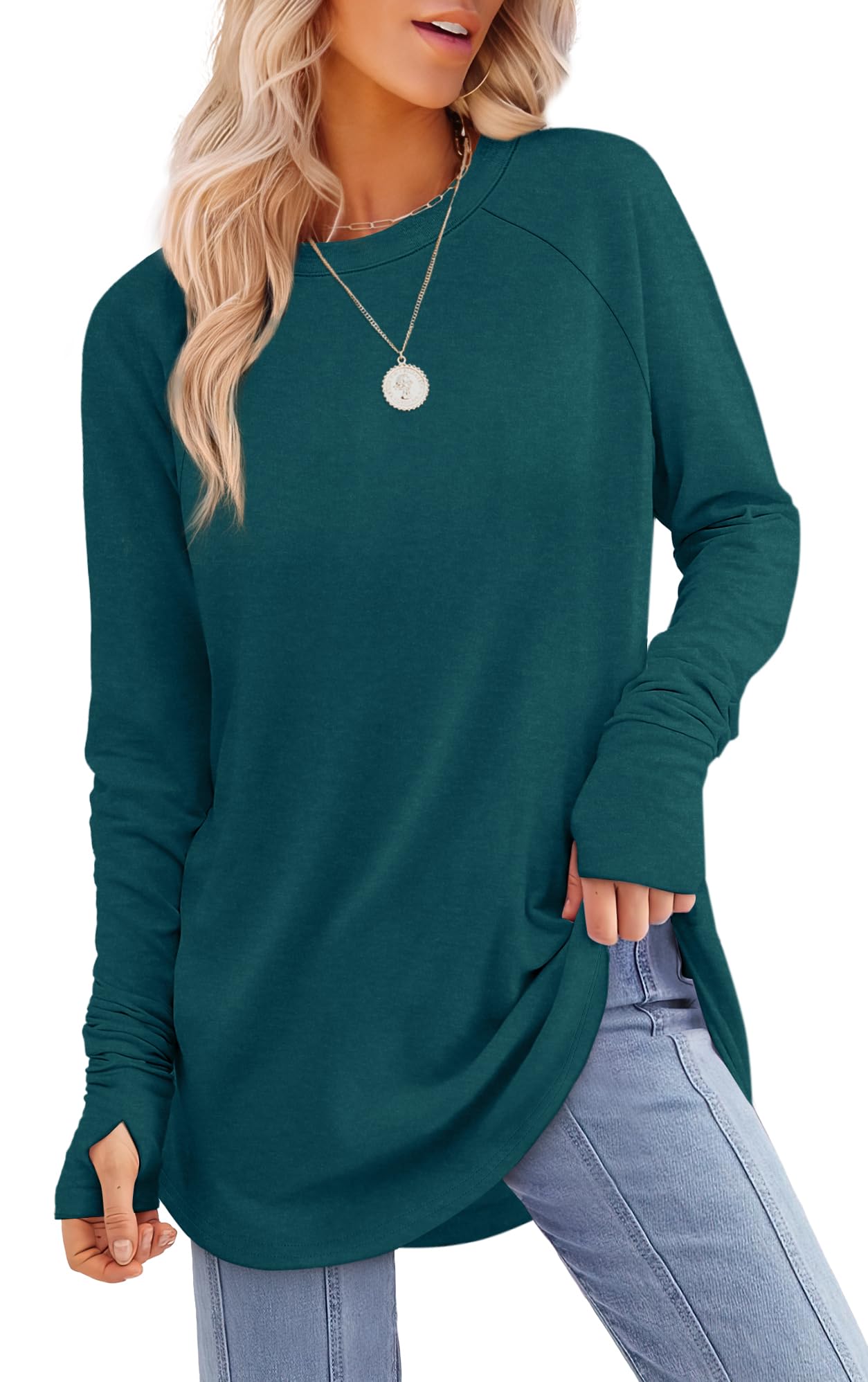 Tunic Top with Thumb Holes for Women - Long Sleeve Shirt with Curved Hem O-bluegreen