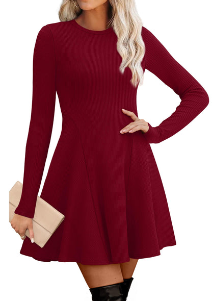Women's Sweater Dress - Long Sleeve Ribbed Knit Fit and Flare A-Line Dress Burgundy